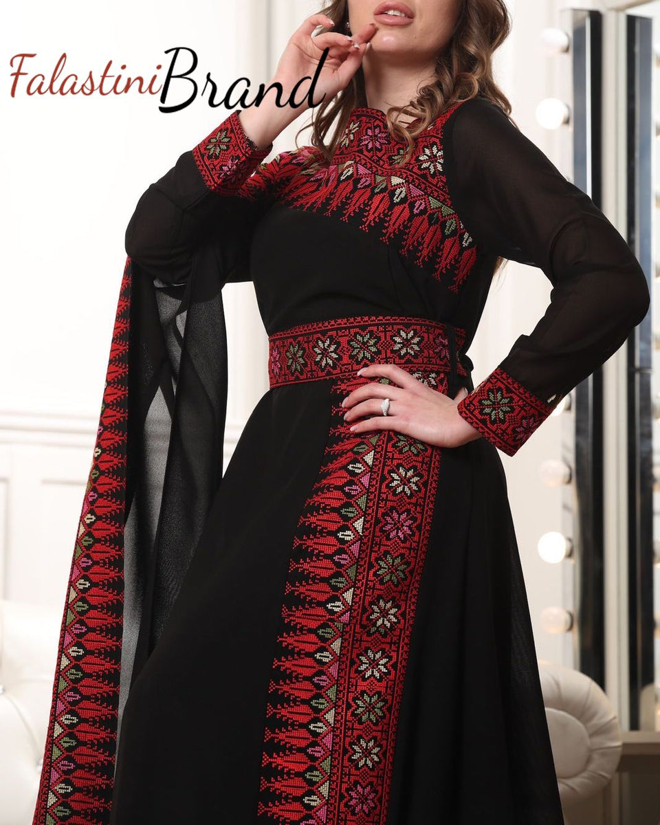 black dress with red embroidery Elegant and Shoulder Details Embroidered 44/(XL) Impress the crowd with Length:60 [+$ 4.99] Narayanpet dress Promotion_NewMarkdown Off Shoulder Lace Mini