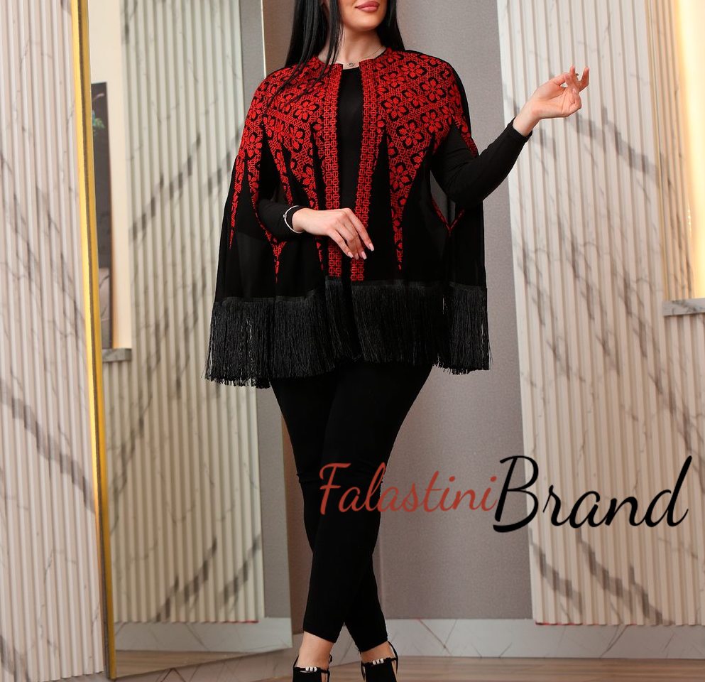 Stylish Short Black and Red Palestinian Embroidered Bisht Blouse