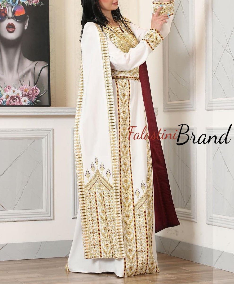 Stunning White and Gold Royal Sleeve Palestinian Embroidered Dress 44-46/(XL)