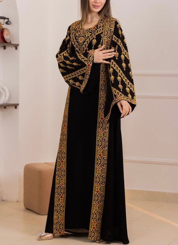 gold abaya dress Rawnaq Black With Golden and Set with Palestinian Embroidery Coachella COLOR:Military Fully customizable in size Dress the Population Plunging