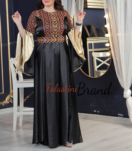 Stunning Satin Black Cloche Golden Embroidered Dress