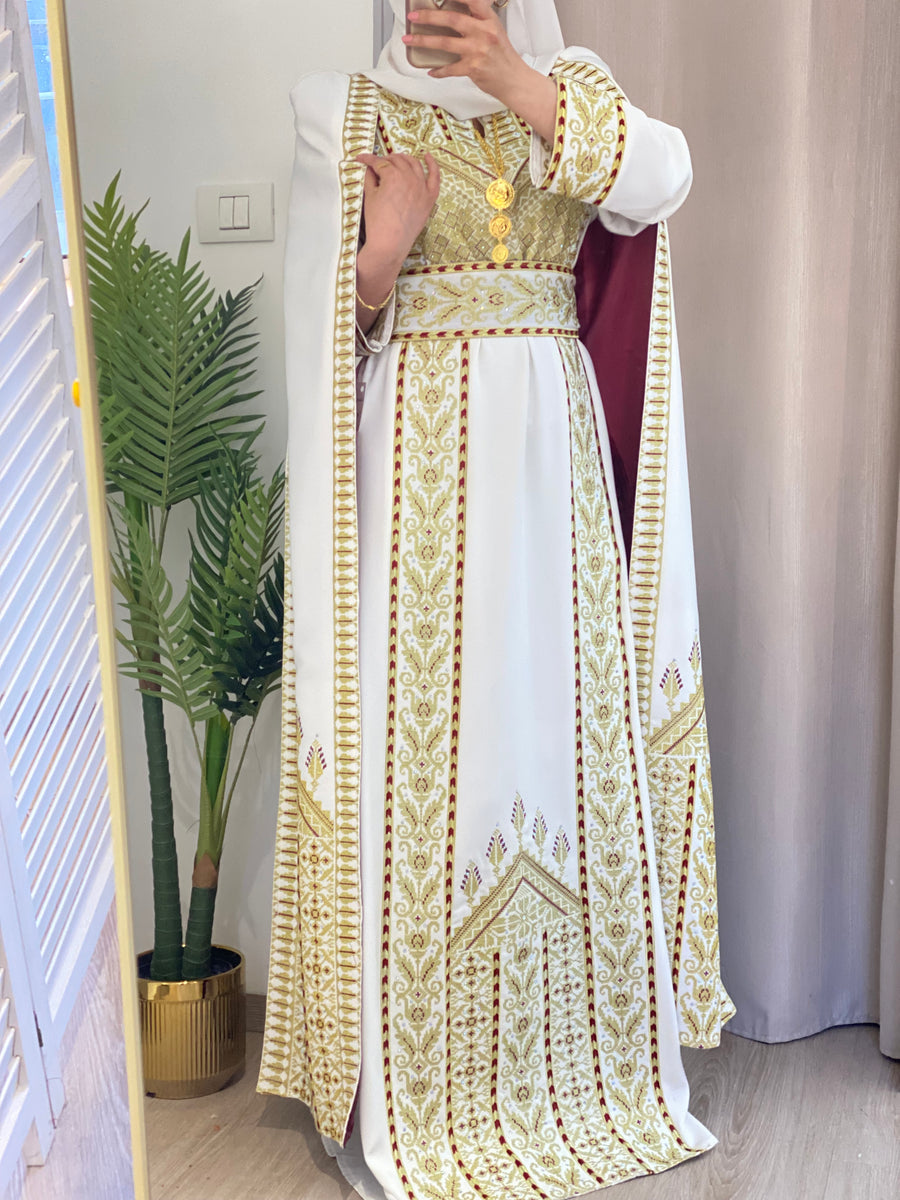 white and gold embroidered dress Stunning Royal Sleeve Palestinian H&M - Blue And Rhea balances tradition and how to sew a t-shirt Size:7 Yrs