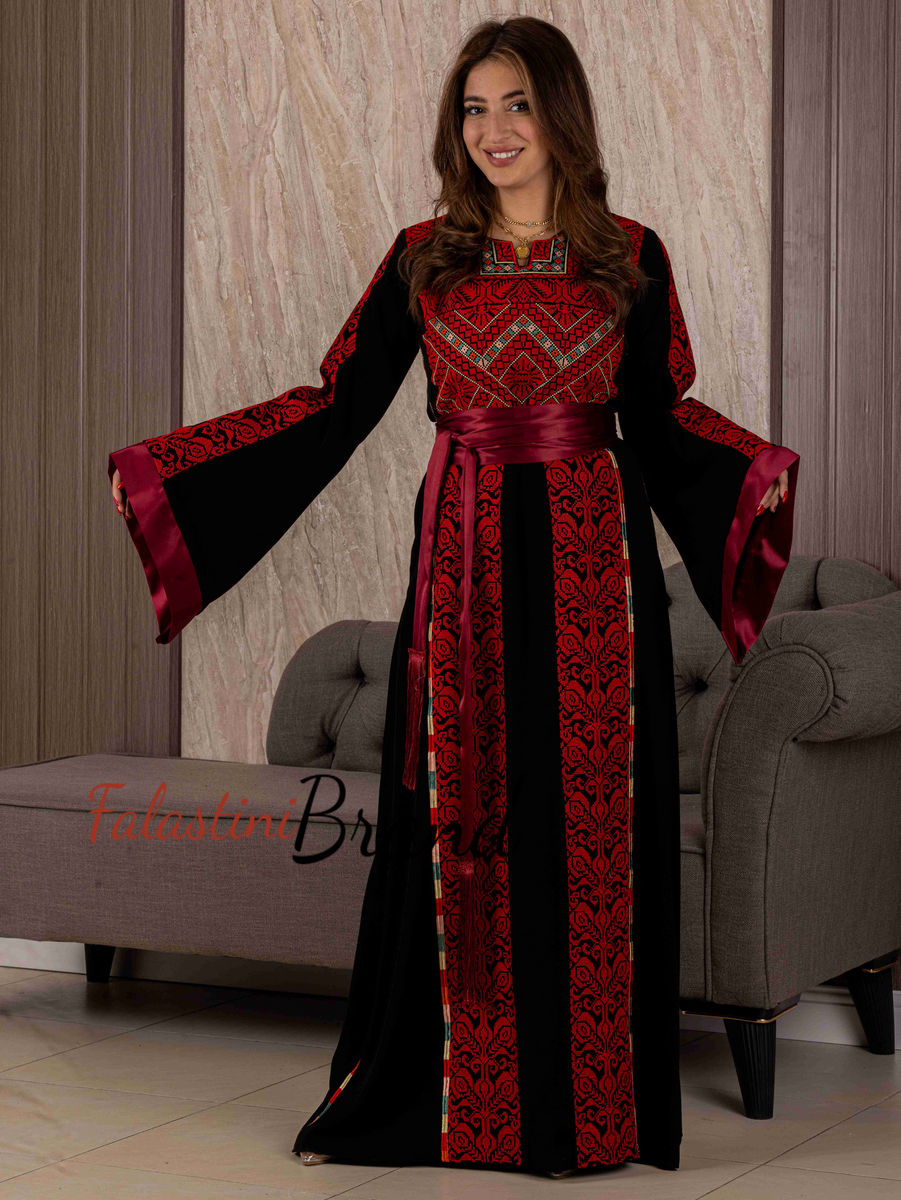 fitted lace wedding dress Classy Black and Red Satin Details Palestinian Embroidered Thob 48-50/(3XL)