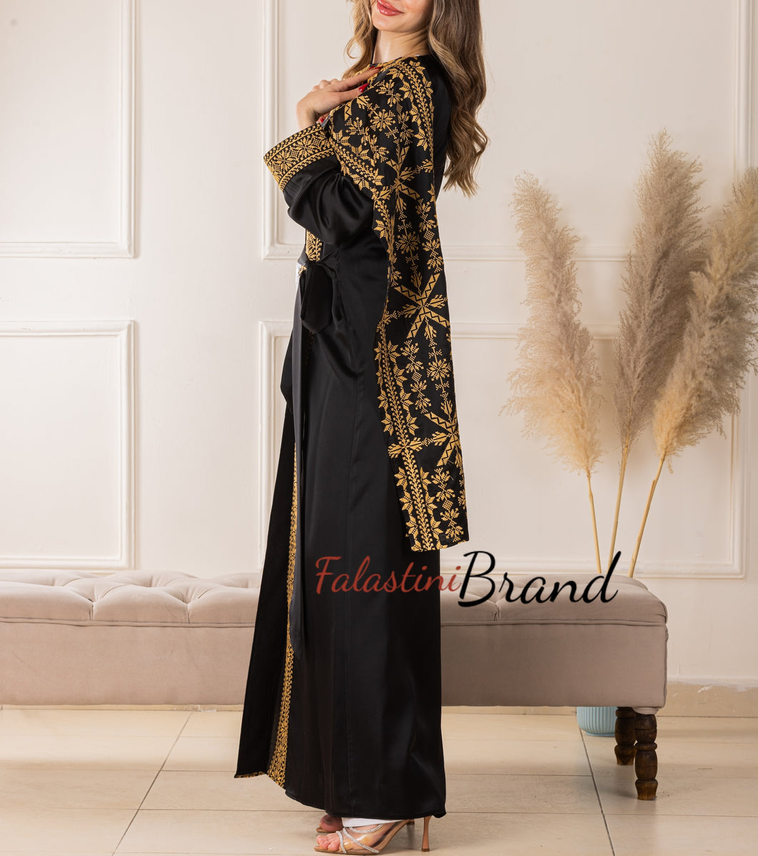 slim fit dress slacks Humaira 3 Piece Abaya Set In Yellow Gold Organza Luxurious Kaftan With –  Bazar Al Haya main image 0