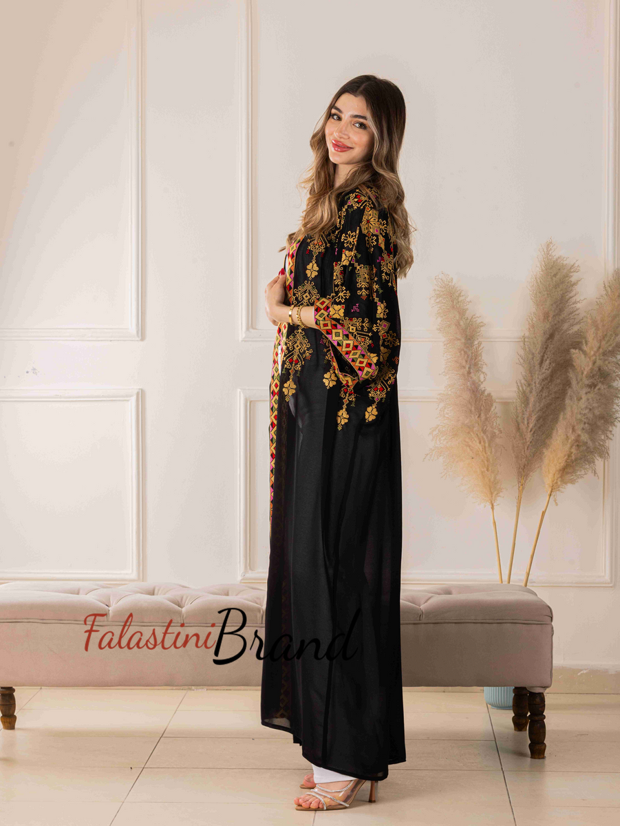 slim fit dress slacks Black Jalabiya Kaftan with Gold Embroidery Double Flaired Sleeve  Maxim  Creation