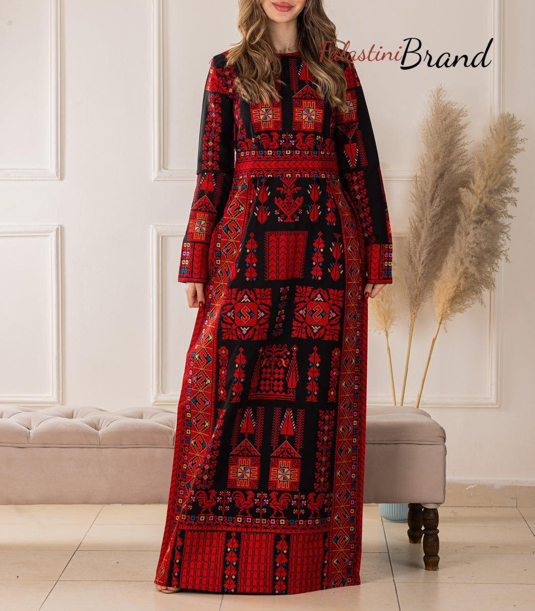Romana Pomegranate Thobe/Dress Beige and Red Traditional Full Tatreez Back and Front Thobe main image 0