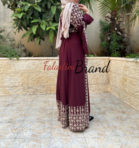 Burgundy Elegant Split Skirt Two Pieces Thob Dress with Golden Embroidery