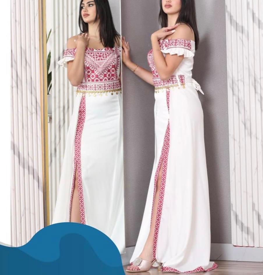 White and Red Off-Shoulder Palestinian Embroidered Satin Dress with Coins Details White and Red Off-Shoulder Palestinian Embroidered Satin Dress with Coins Details