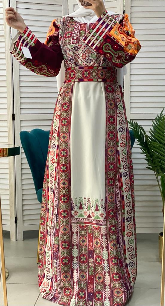 Very Unique White Palestinian Embroidered Dress with Satin and Manajil and Qasab Embroidery Details Very Unique White Palestinian Embroidered Dress with Satin and Manajil and Qasab Embroidery Details