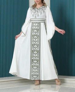 Gorgeous White Satin  Dress With Green Embroidery