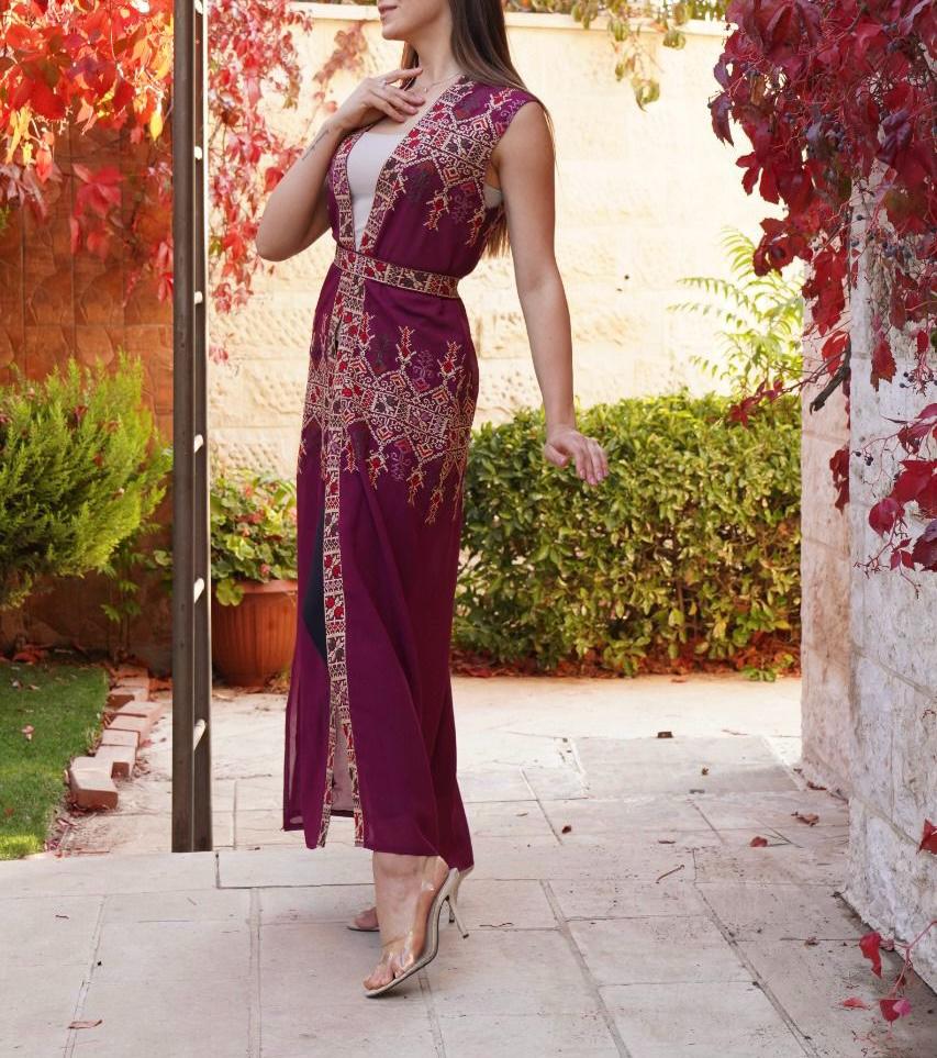 Purple Palestinian Lite Georgette Embroidered Long Vest Abaya 46/(XXL) Purple Palestinian Lite Georgette Embroidered Long Vest Abaya 46/(XXL)