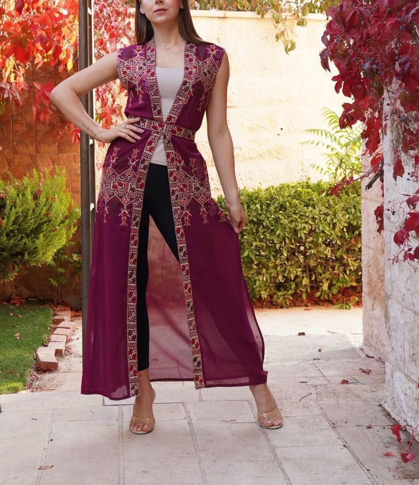 Purple Palestinian Lite Georgette Embroidered Long Vest Abaya 46/(XXL) Purple Palestinian Lite Georgette Embroidered Long Vest Abaya 46/(XXL)