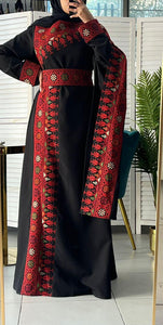 Elegant Black and Red Shoulder Details Embroidered Dress with colorful flowers