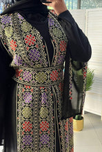 Black and Beige Chiffon Embroidered Open Abaya Kaftan  Long Split Sleeve