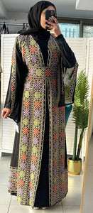 Black and Beige Chiffon Embroidered Open Abaya Kaftan  Long Split Sleeve
