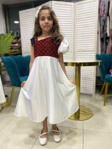 Little Girl Palestinian Embroidered White Satin Unique Design Dress