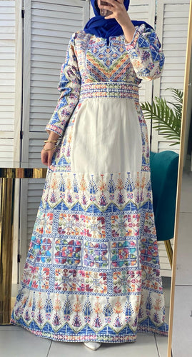 Etamine Palestinian Embroidered Offwhite Thobe Dress with Colorful Amazing Blue Embroidery