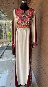 Palestinian Embroidered White Thobe Dress Palestinian Embroidery with Burgundy Satin Details