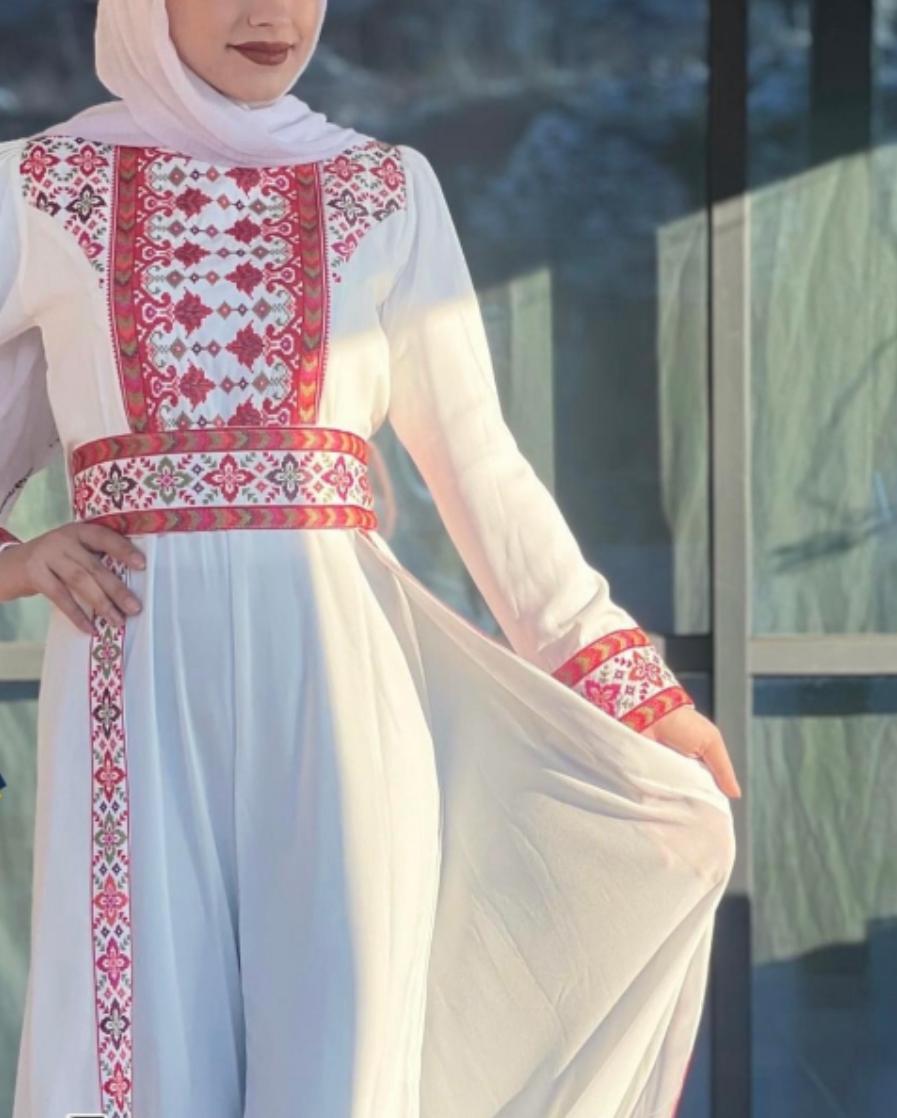 Stylish White and Red Embroidered Jumpsuit Dress with Palestinian Embroidery 44-46/(XL)