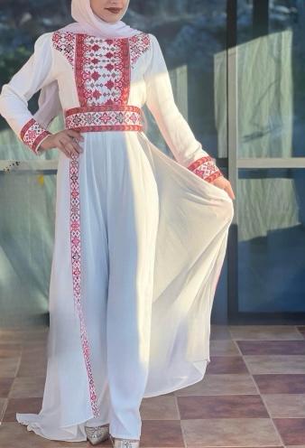 Stylish White And Red Embroidered Jumpsuit Dress with Palestinian Embroidery