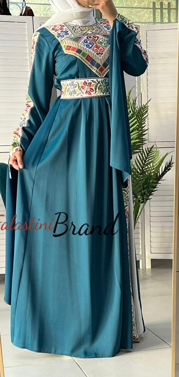 Gorgeous Turquoise Satin Dress With Colorful Embroidery and Slit Sleeves 44-46/(XL) Gorgeous Turquoise Satin Dress With Colorful Embroidery and Slit Sleeves 44-46/(XL)