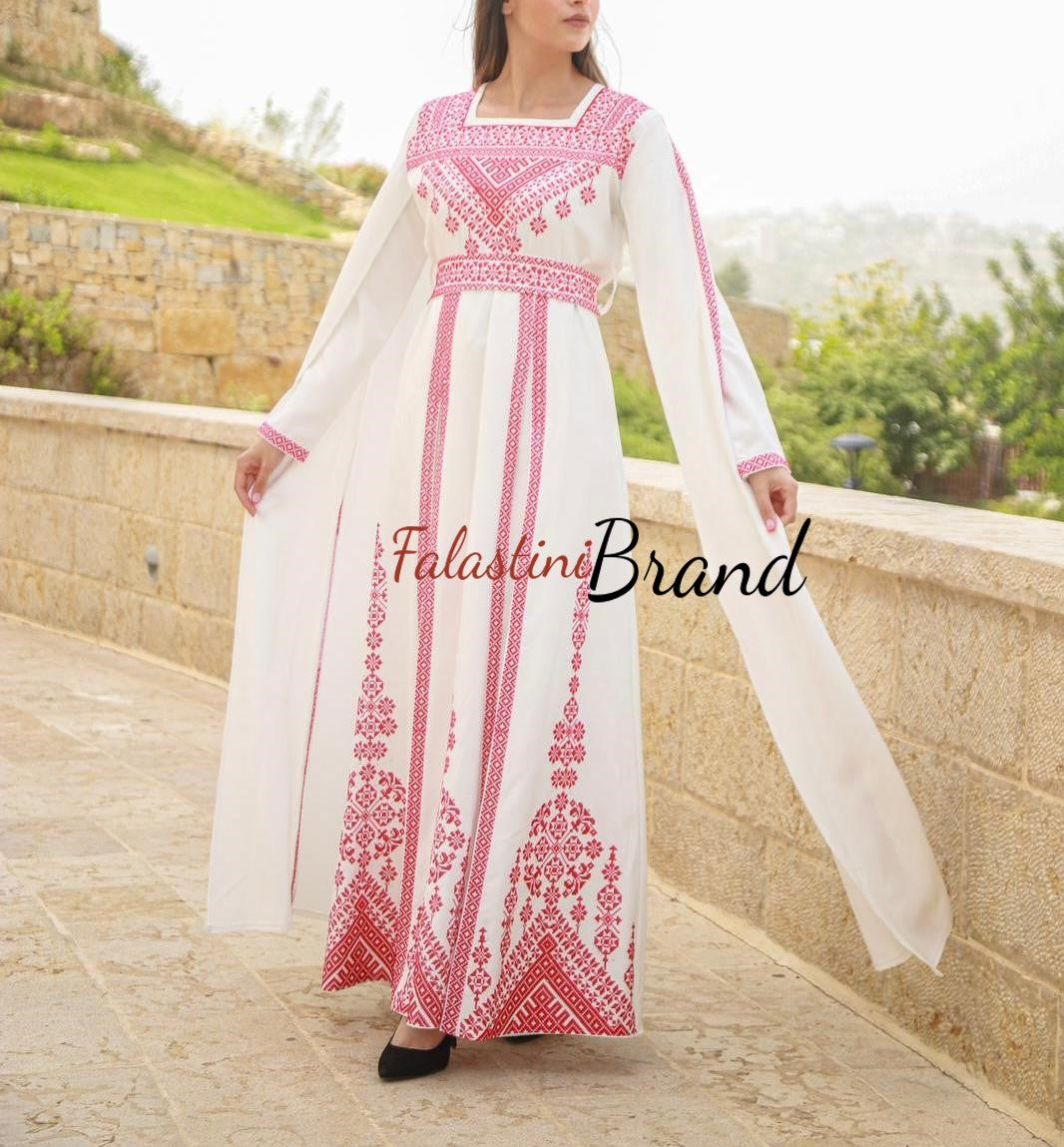 White and Red Royal Design Dress with Unique Embroidery 44-46/(XL-XXL)
