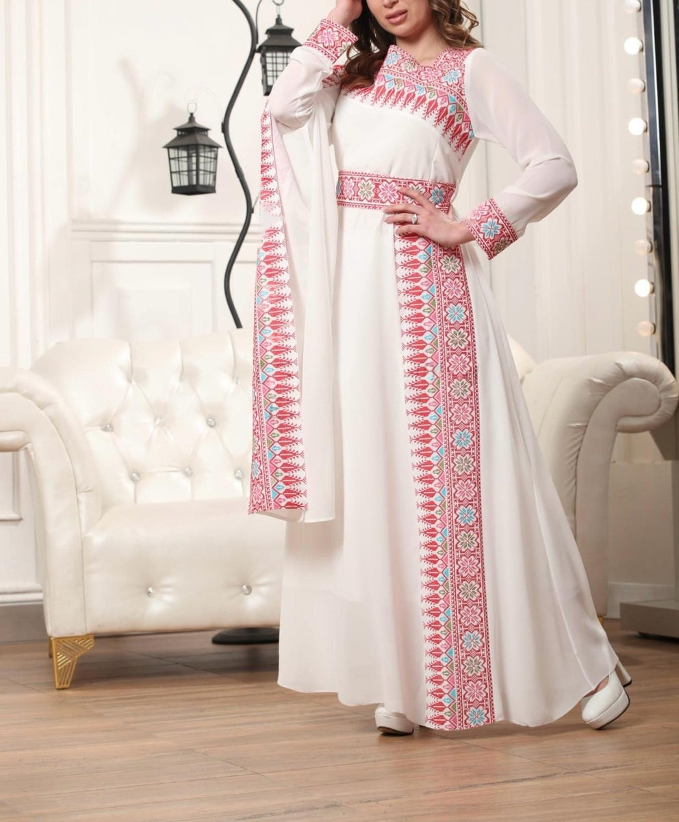 Elegant White and Red Shoulder Details Embroidered Dress with colorful flowers 44/(XL) Elegant White and Red Shoulder Details Embroidered Dress with colorful flowers 44/(XL)