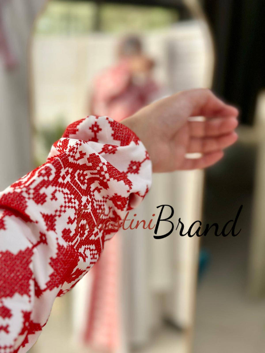 Elegant White and Red Shoulder Details Embroidered Dress 44/(XL)