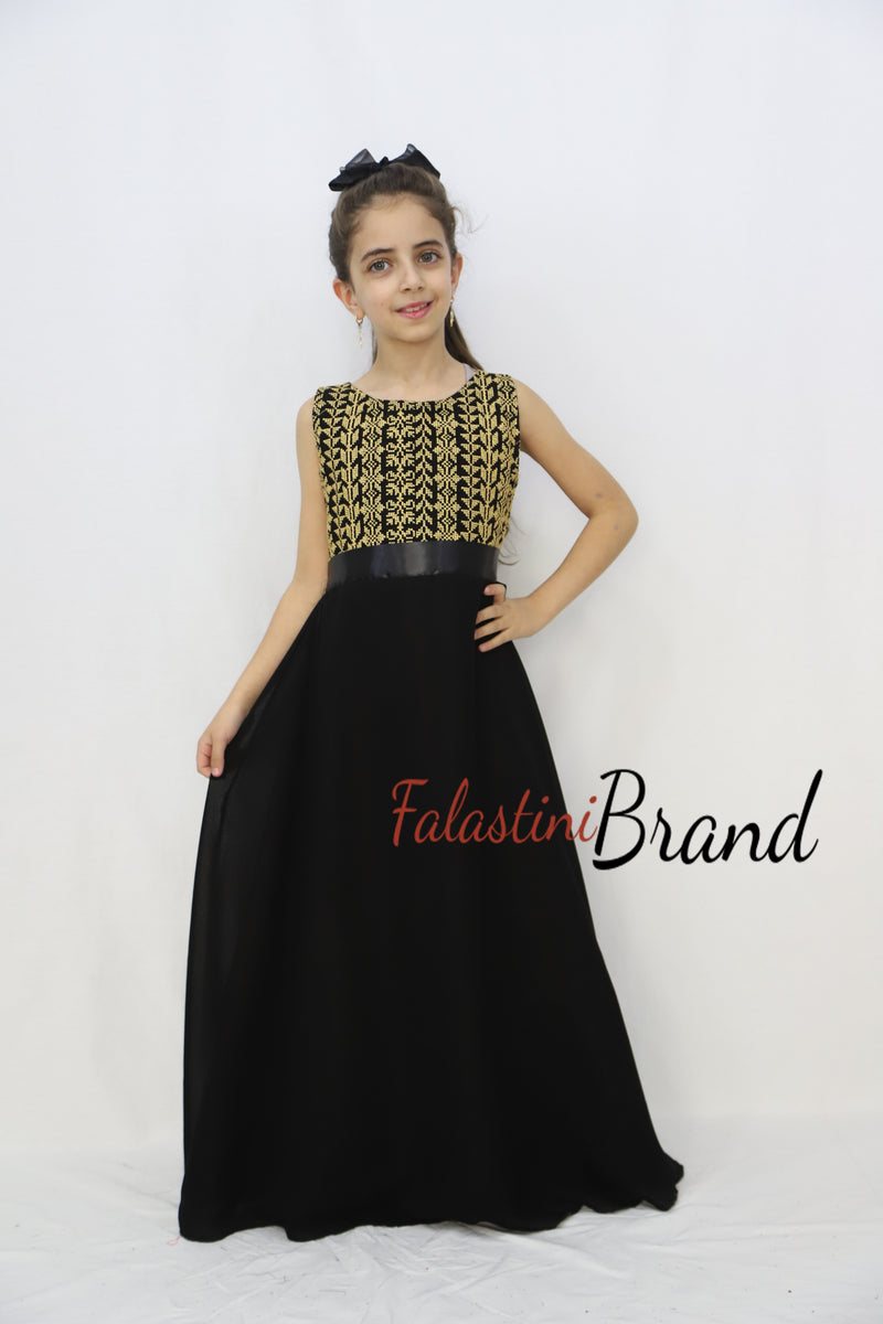 green emerald velvet dress Little Girl Cloche Palestinian Gold Embroidered Black Dress
