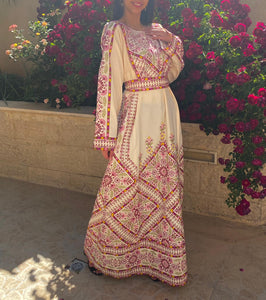 Manajil Off-White Palestinian Embroidered Floral Thobe Dress Palestinian Embroidery