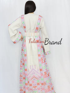 Elegant Cream Color Purple Palestinian Embroidered Dress Thobe