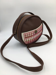 Round Hand embroidered brown leather handbag with amazing embroidery