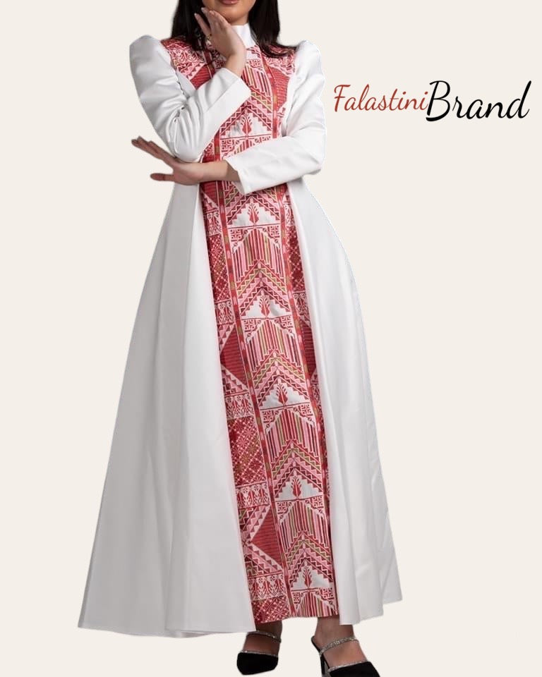 Stunning White Cloche Satin All Long Embroidered Dress 42/(L) Stunning White Cloche Satin All Long Embroidered Dress 42/(L)