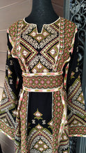 Black Palestinian Embroidered Thobe Dress Stunning Green and Beige Embroidery