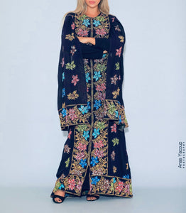 Distinctive Navy Grape Leaves Palestinian Embroidered Colorful Zippered Abaya Slit Sleeve
