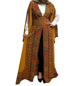 Mustard Georgette Embroidered Open Abaya Kaftan Maxi Dress Long Split Sleeve