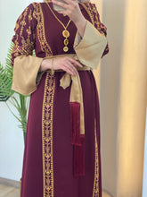 Karmel Burgundy Embroidered Thob Dress with Satin Sleeves Details