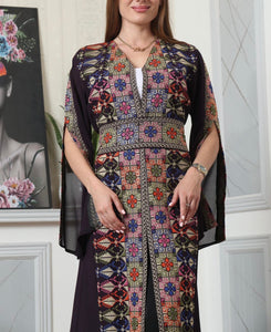 Purple And Colorful Embroidery Chiffon Open Abaya Kaftan Maxi Dress Long Split Sleeve