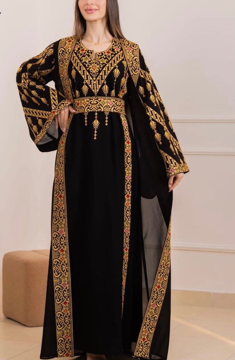 Rawnaq Black With Golden Dress and Abaya Set With Palestinian Embroidery 2/40/M Rawnaq Black With Golden Dress and Abaya Set With Palestinian Embroidery 2/40/M
