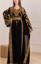 Rawnaq Black With Golden Dress and Abaya Set with Palestinian Embroidery