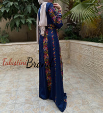 Navy Satin Flowy Thob Dress With Colored Gorgeous Embroidery
