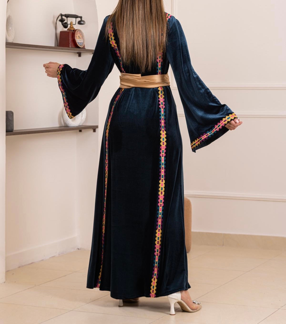 Blue Velvet Elegance Stripes Embroidered Dress with Satin Belt 42/(L) Blue Velvet Elegance Stripes Embroidered Dress with Satin Belt 42/(L)