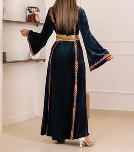 Blue Velvet Elegance Stripes Embroidered Dress with Satin Belt 42/(L)