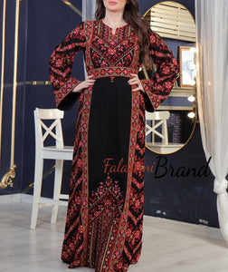 Amazing Black & Red Palestinian Embroidered Thobe Dress With Astonishing Embroidery