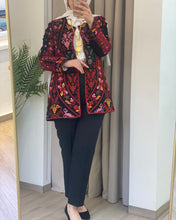 Palestinian Black And Red Embroidered Jacket with Unique Sa3at Tatreez Pattern