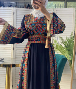 Sparkling Palestinian Embroidered Navy and Golden Thobe Dress with Satin Details