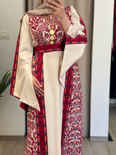 Rahaf Most Elegant Beige and Red Embroidered Thob with Satin and Manajil Details
