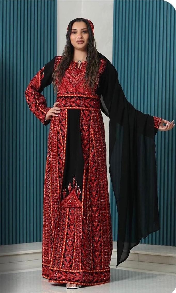 Fabulous Palestinian Embroidered Black Thobe Dress with Red Densed Amazing Embroidery 44/(XL) Fabulous Palestinian Embroidered Black Thobe Dress with Red Densed Amazing Embroidery 44/(XL)