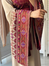 Very Unique Radan Sleeves Beige and Burgundy Thobe with Dense Embroidery and Satin Details