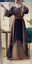 Sparkling Palestinian Embroidered Navy and Golden Thobe Dress with Satin Details